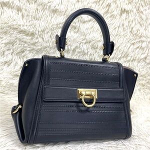 Salvatore Ferragamo Navy Satchel with Gold Accents